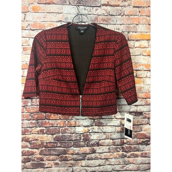 NEW black red Perceptions New York cropped jacket cardigan women's size 8 - Picture 1 of 6